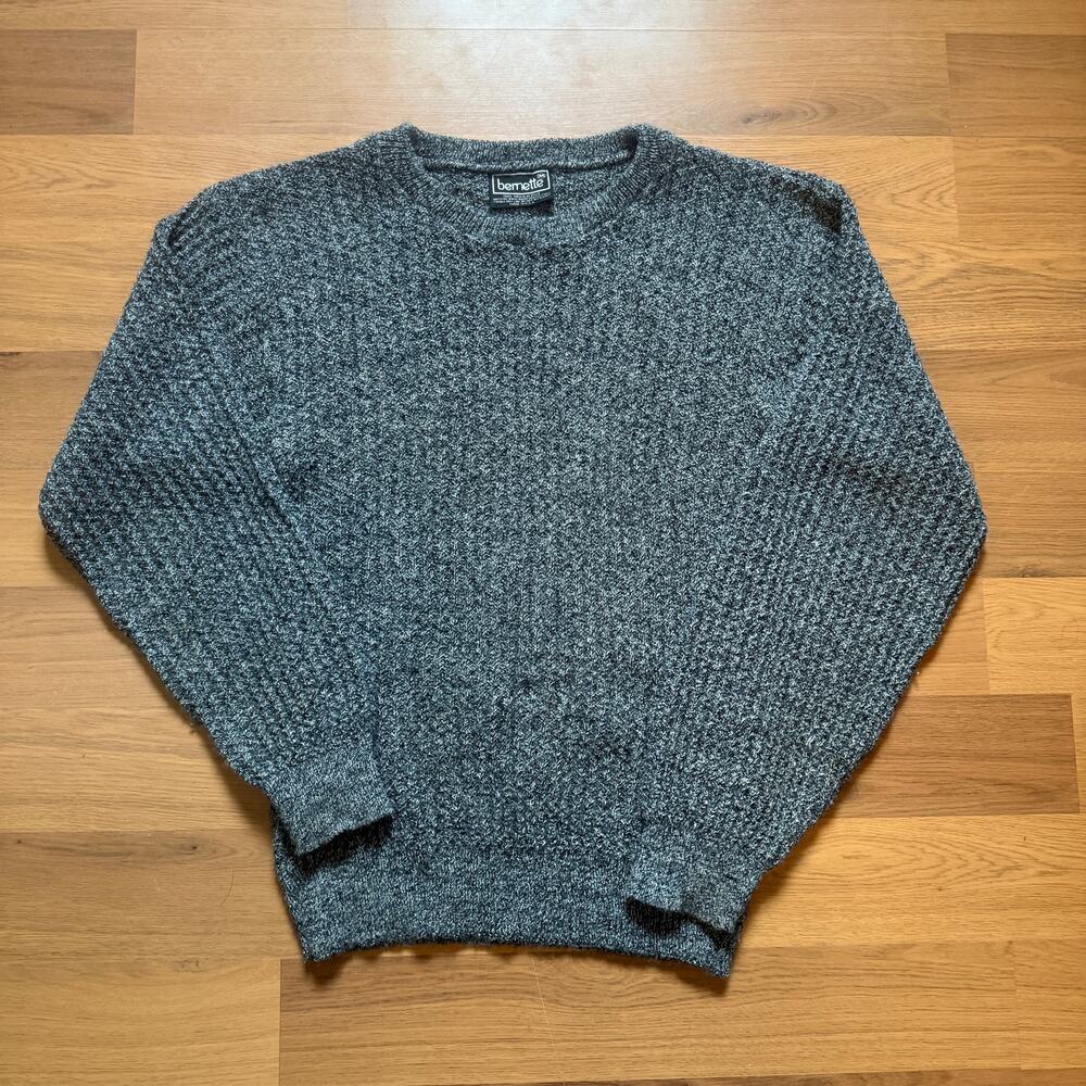 Men's Vintage 80's Bernette Gray White Knit Crewneck Pullover Sweater Sz Medium